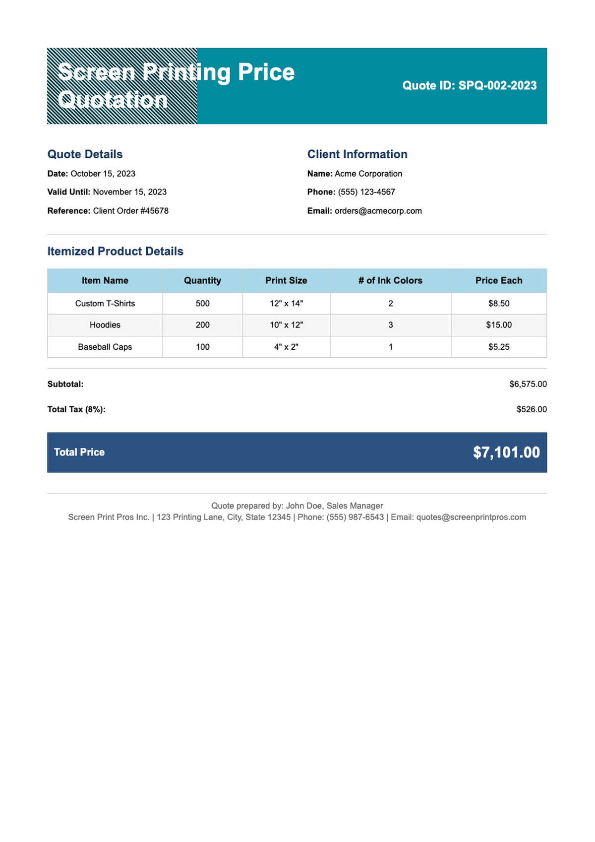 Screen printing quote with itemized pricing and contact details_variant_2